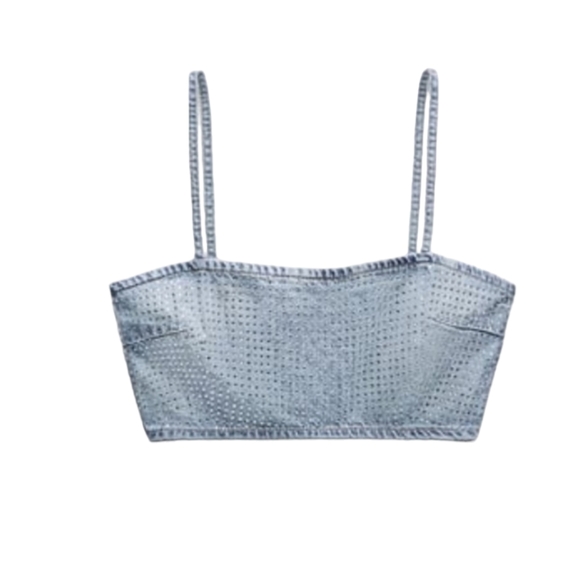 Zara Rhinestone Jean Crop-top Size Medium - Picture 3 of 7